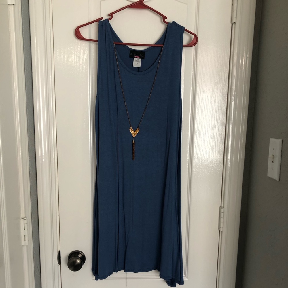 Light blue cotton tank dress with necklace